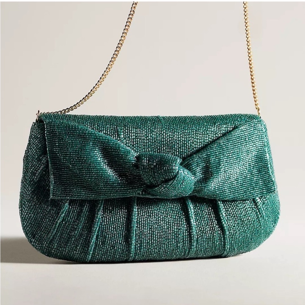 Maeve Emerald Green Beaded Bow Clutch Bag